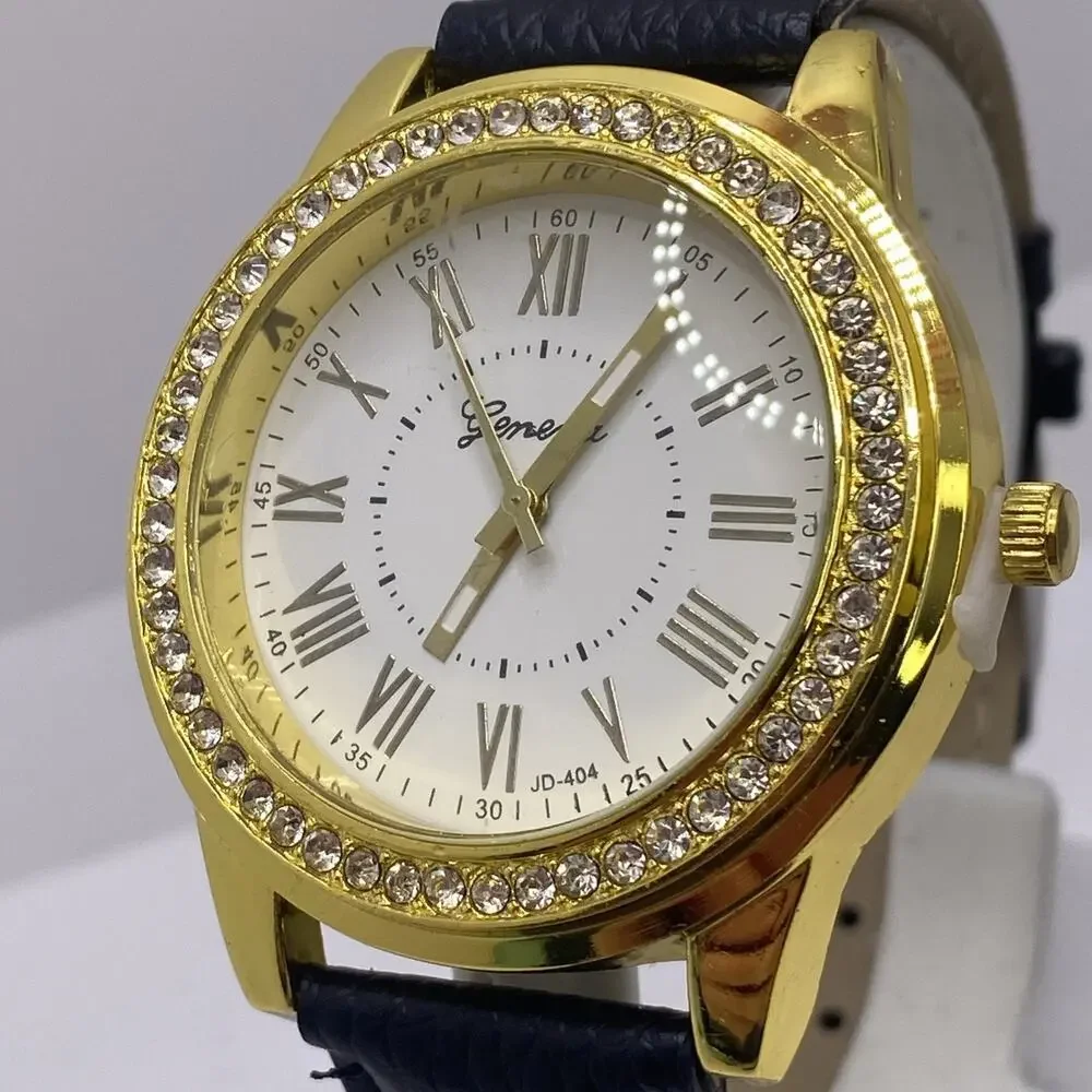 Geneva Gold Tone Rhinestone Black Leather Watch New Battery